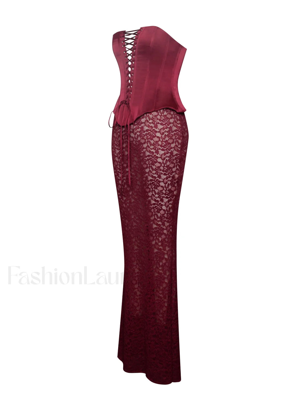 Lucinda Burgundy Satin Charming Lace Corset Maxi Dress Dresses