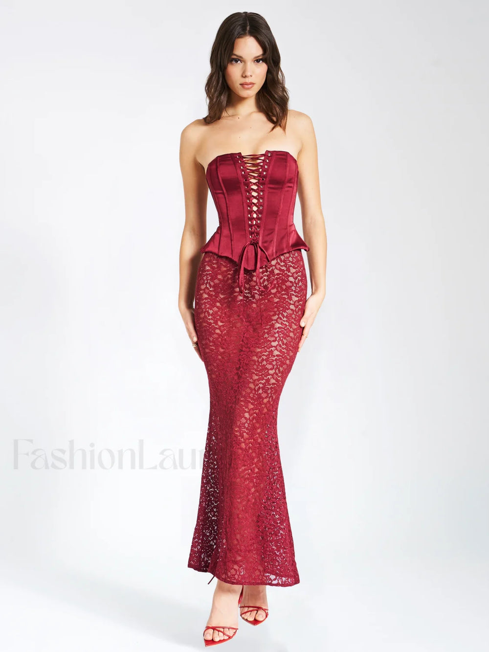Lucinda Burgundy Satin Charming Lace Corset Maxi Dress Dresses