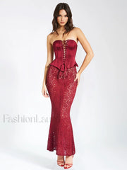 Lucinda Burgundy Satin Charming Lace Corset Maxi Dress XXS / US Dresses