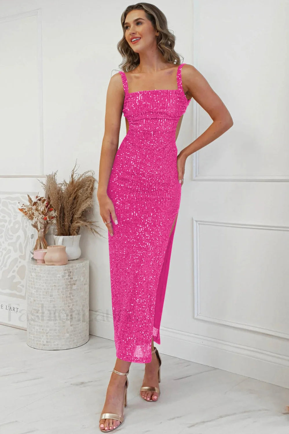Lulana Sequin Stylish Midi Dress S / Fuchsia