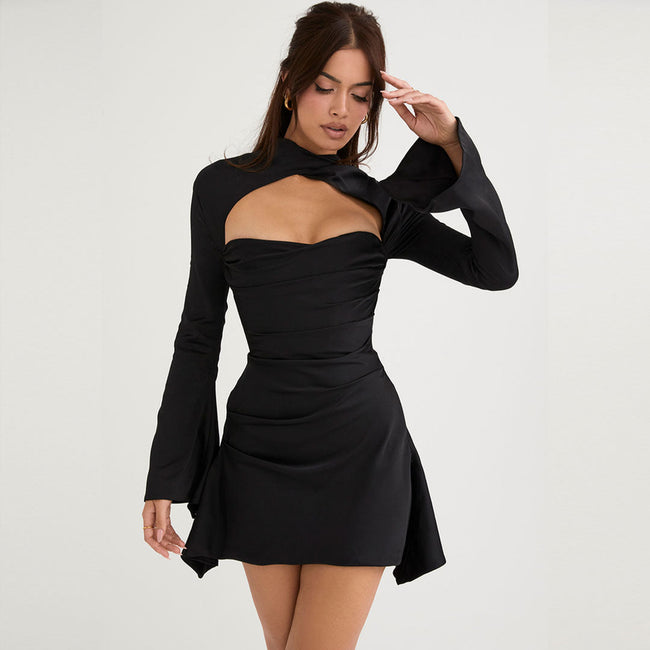 Long Sleeve Draped Satin Mini Dress Black S / Black Party Dresses L Main image