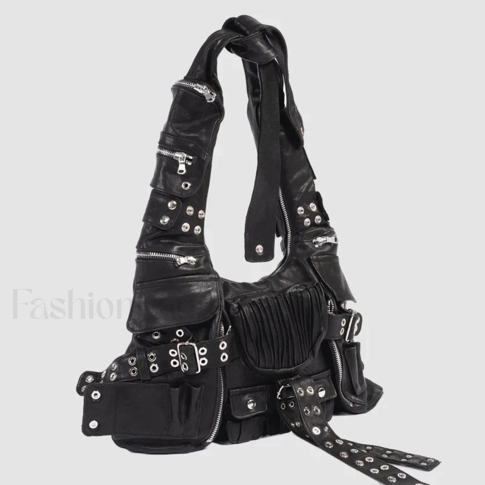 Luxury Moto Rivet Multiple Designer Knot Strap Pockets Shoulder Wide Bag