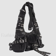 Luxury Moto Rivet Multiple Designer Knot Strap Pockets Shoulder Wide Bag