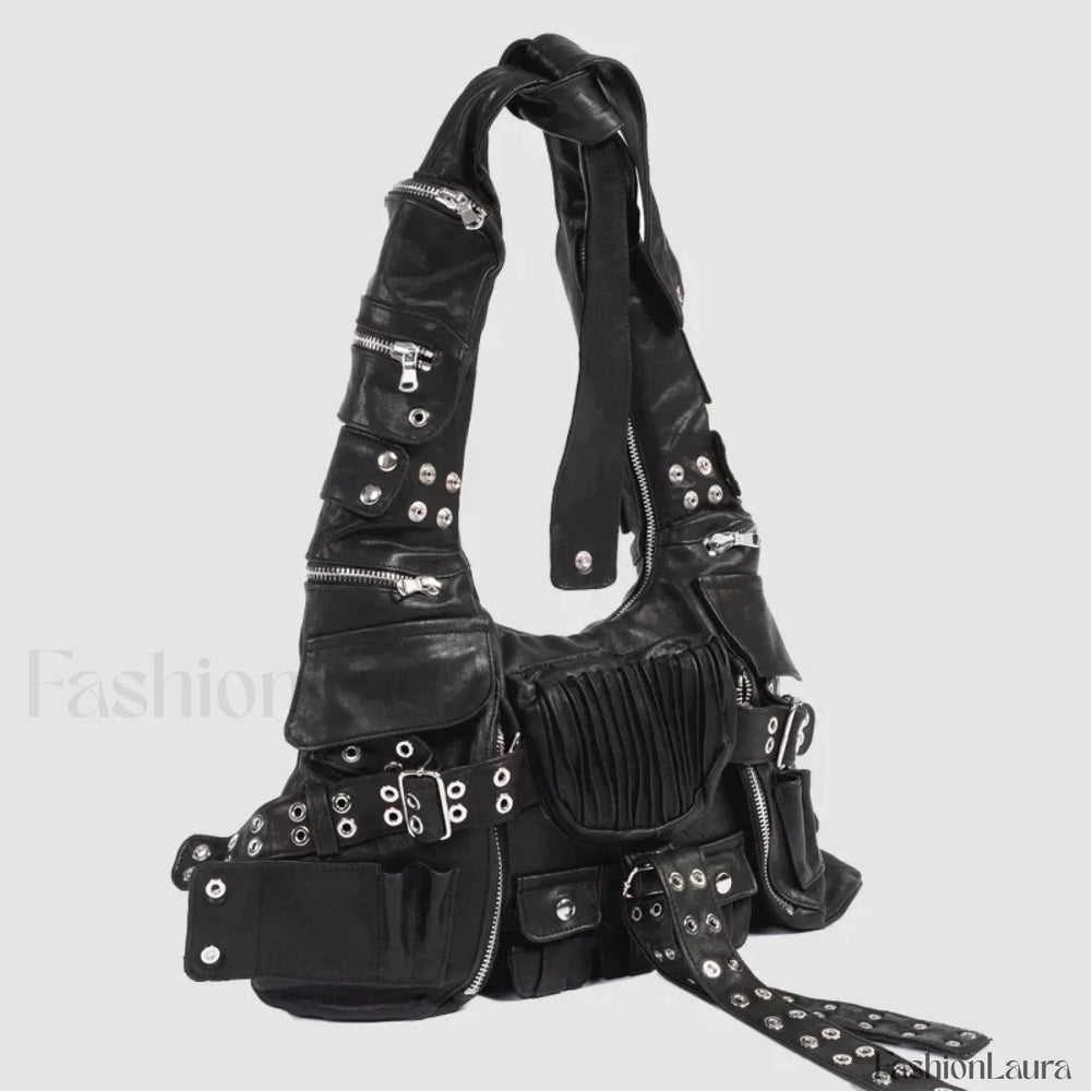 Luxury Moto Rivet Multiple Designer Knot Strap Pockets Shoulder Wide Bag