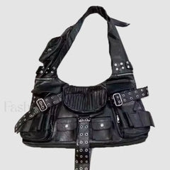 Luxury Moto Rivet Multiple Designer Knot Strap Pockets Shoulder Wide Bag