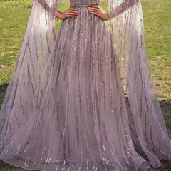 Luxury Nude Evening Halter Long Cape Sleeve Party Sequin Hollow Out A Line Big Swing Waist Retraction Prom Dress