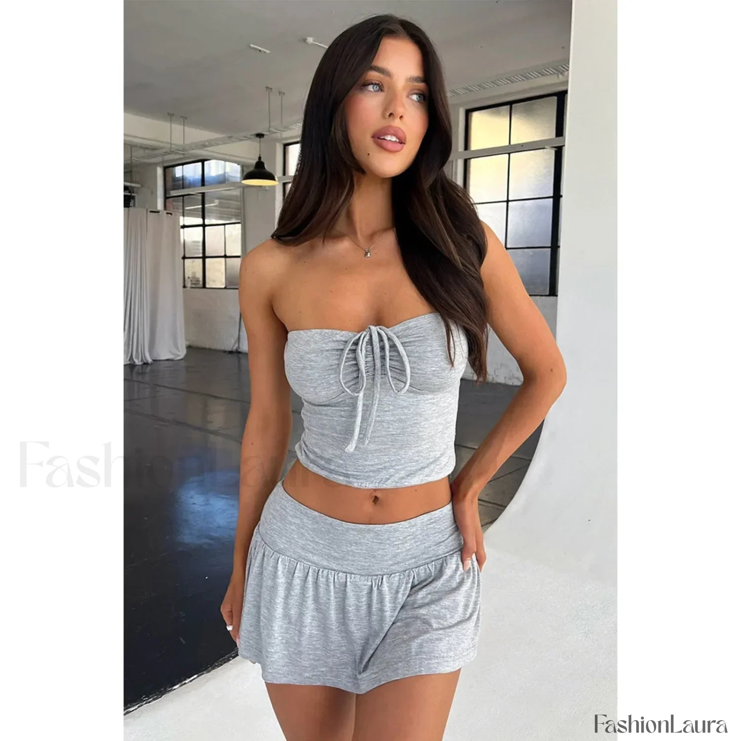 Luxury Pleated Mini Skirt Two Piece Set Grey / XS