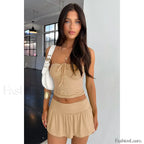 Luxury Pleated Mini Skirt Two Piece Set Khaki / XS