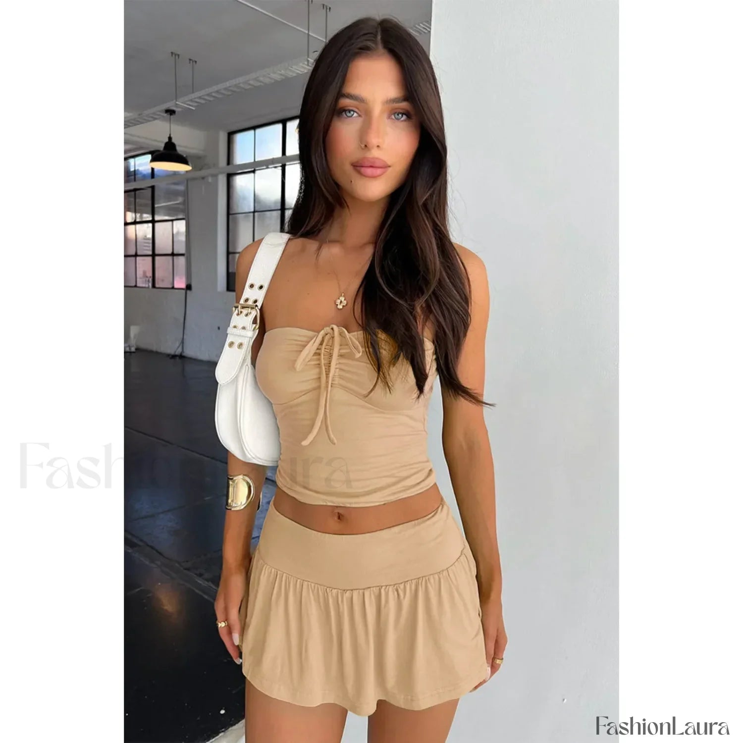 Luxury Pleated Mini Skirt Two Piece Set Khaki / XS