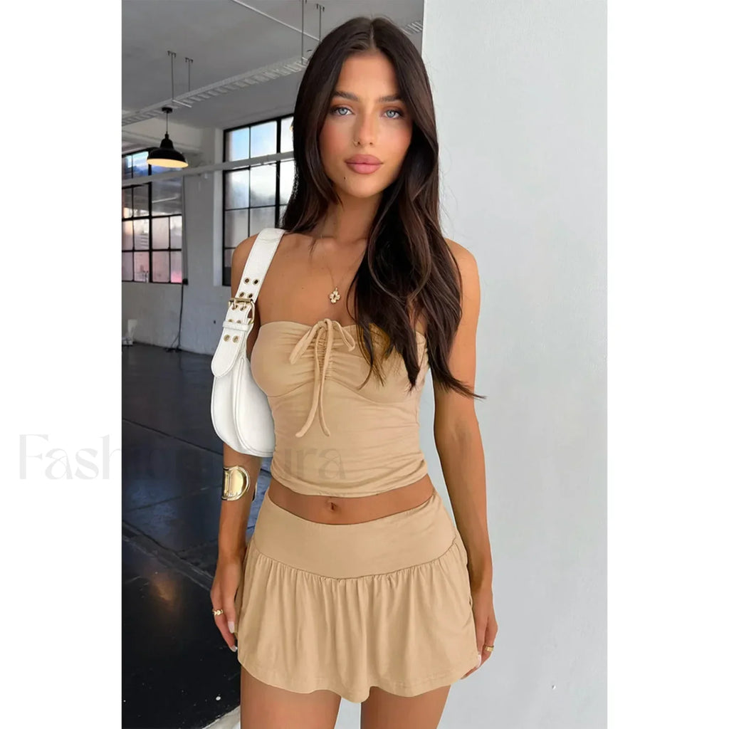 Luxury Pleated Mini Skirt Two Piece Set Khaki / XS