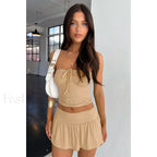 Luxury Pleated Mini Skirt Two Piece Set Khaki / XS