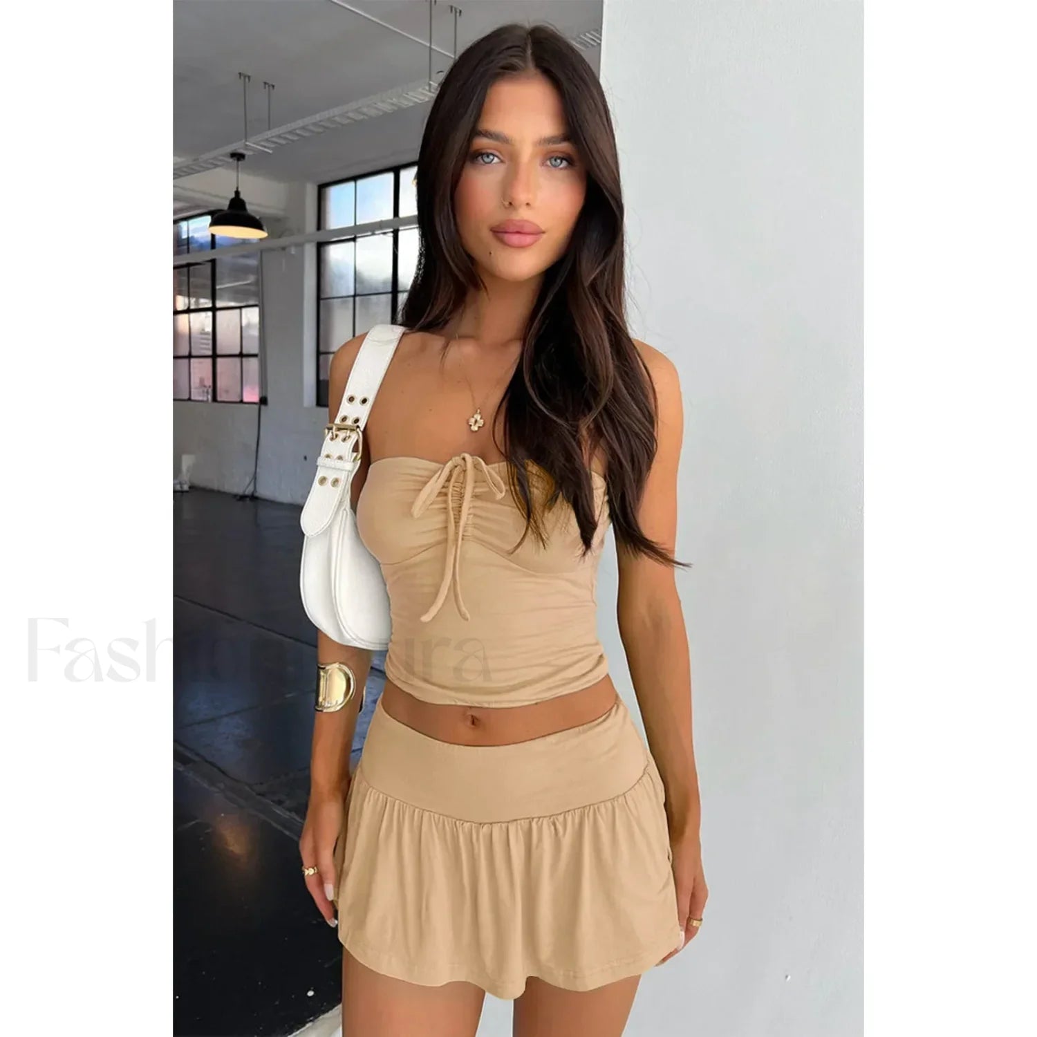 Luxury Pleated Mini Skirt Two Piece Set Khaki / XS