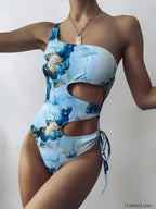 Marble Print One Shoulder Cut Out One Piece Print / S