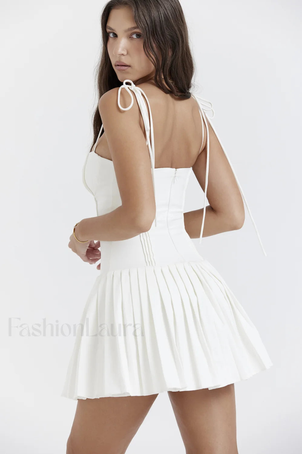 Marcy White Stylish Pleated Mini Dress