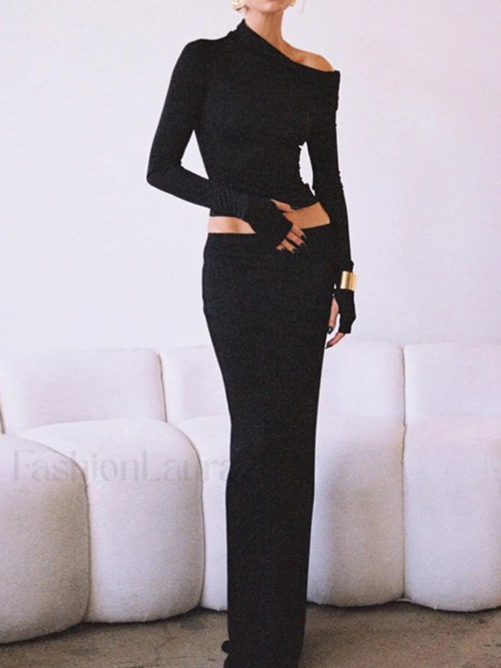 Matte Jersey One Shoulder Modern Off Maxi Skirt Set Skirt Sets