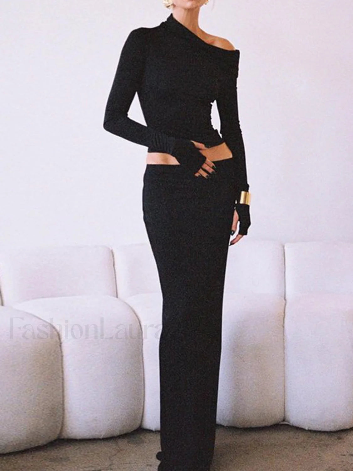 Matte Jersey One Shoulder Modern Off Maxi Skirt Set Skirt Sets