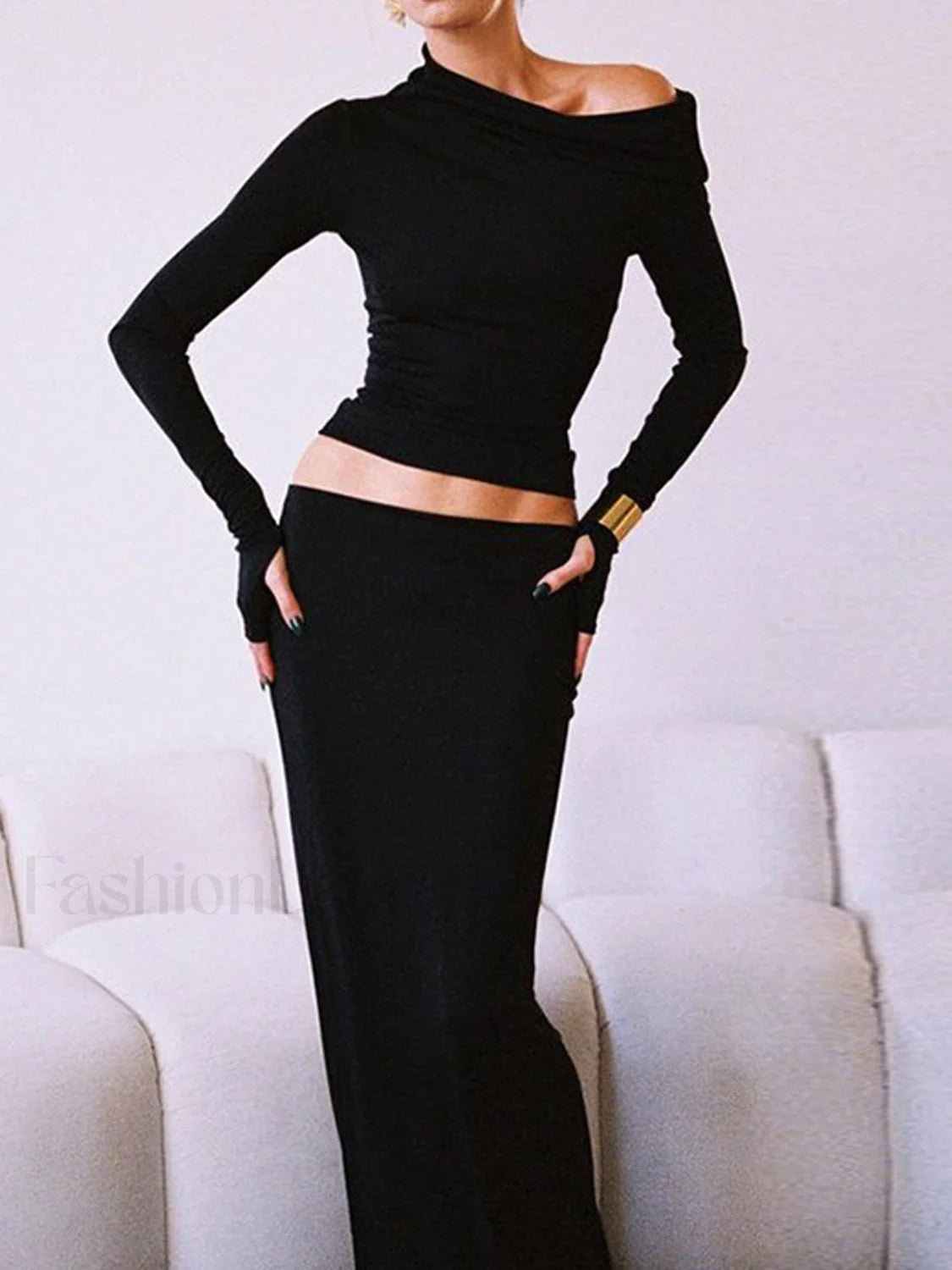 Matte Jersey One Shoulder Modern Off Maxi Skirt Set Skirt Sets