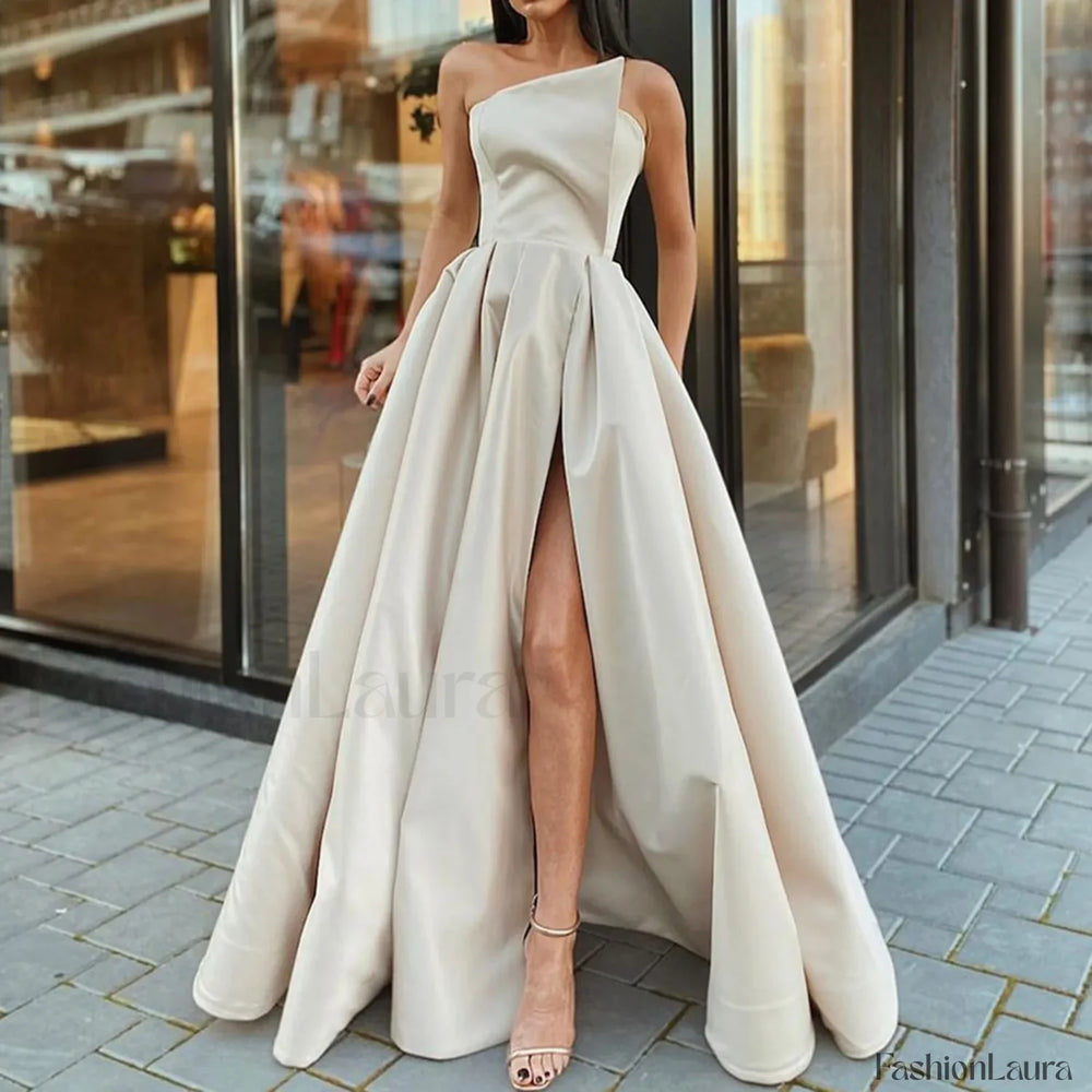 Maxi For Women Solid Color One Shoulder Sleeveless Side Slit Elegant Plus Size Curvy Prom Dress Beige / S