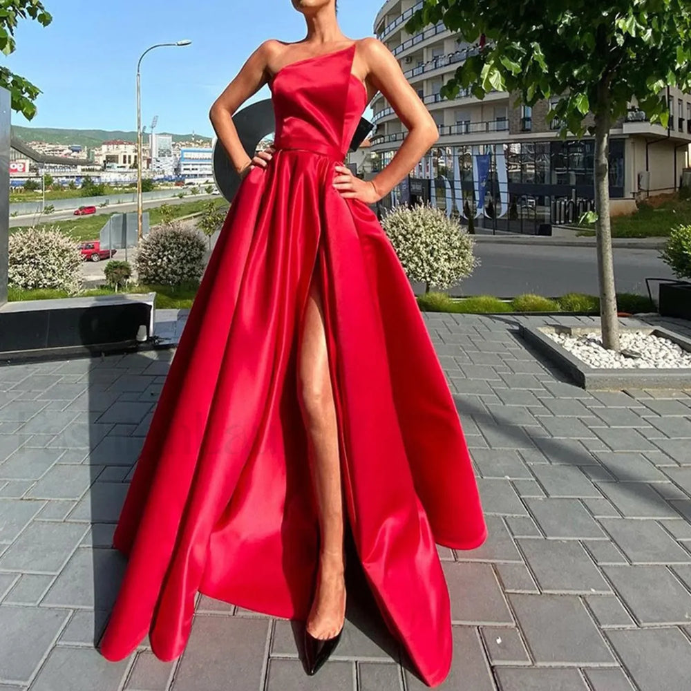 Maxi For Women Solid Color One Shoulder Sleeveless Side Slit Elegant Plus Size Curvy Prom Dress Red / S