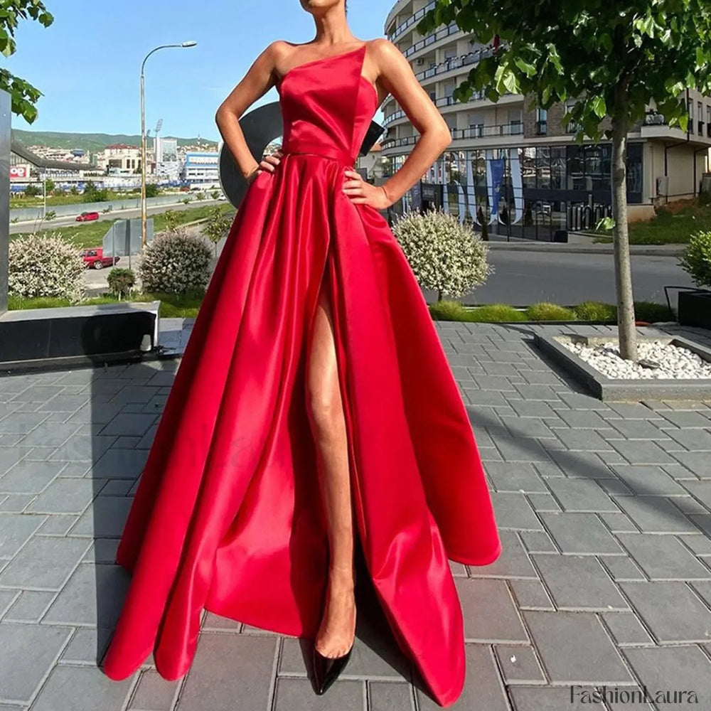 Maxi For Women Solid Color One Shoulder Sleeveless Side Slit Elegant Plus Size Curvy Prom Dress Red / S