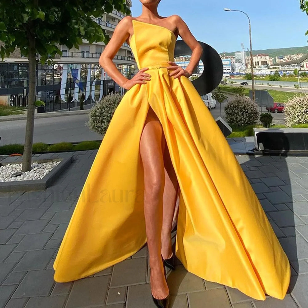 Maxi For Women Solid Color One Shoulder Sleeveless Side Slit Elegant Plus Size Curvy Prom Dress Yellow / S