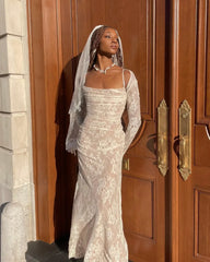 Maxi Women Clothing 2024 Lace Up White Wedding Events Elegant Lace Detachable Cape Party Dress WHITE / XS