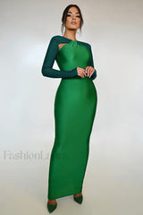 Megan Long Stylish Sleeve Patchwork Dress S / Green