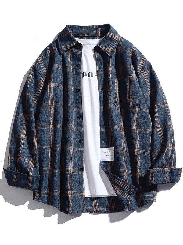 Men’s Checkered Long Sleeve Button Shirt Navy Blue / M Shirts Main image