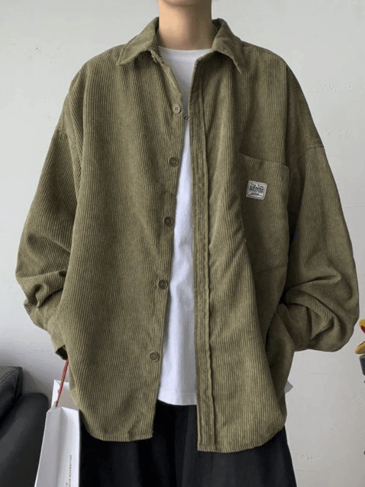 Men’s Corduroy Loose Button Down Shirt Green / M Tops&Tees