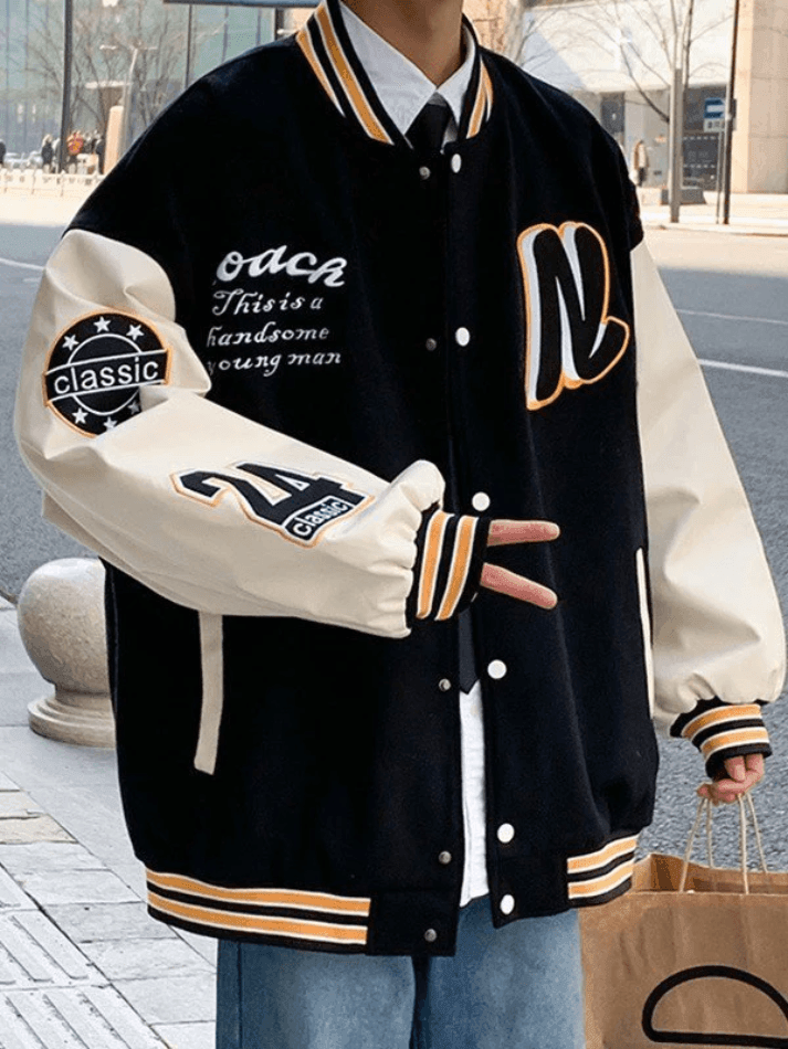 Men’s Embroidery Button Up Varsity Jacket Black / M Jackets Main image