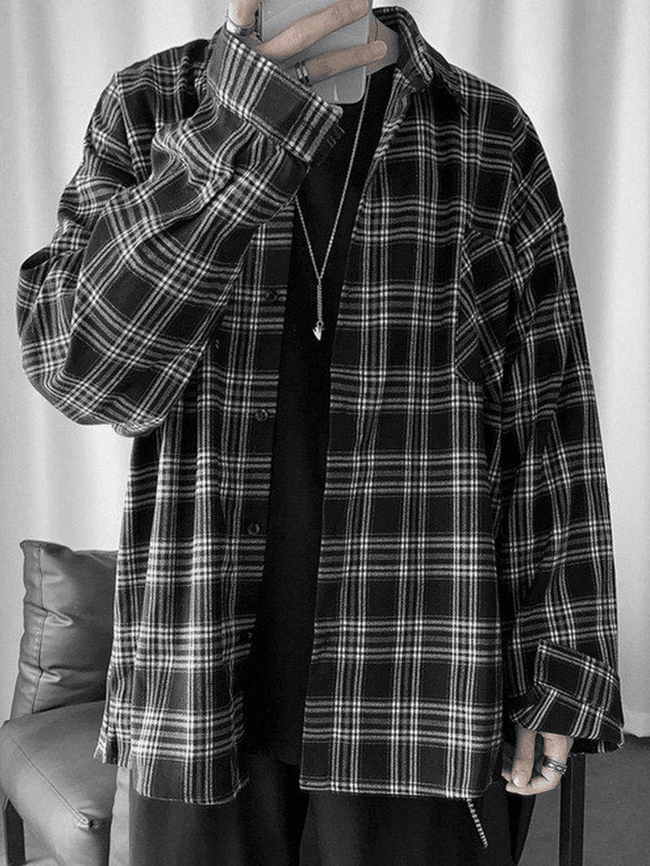 Men’s Long Sleeve Checkered Button Shirt Black / M Tops&Tees Main image