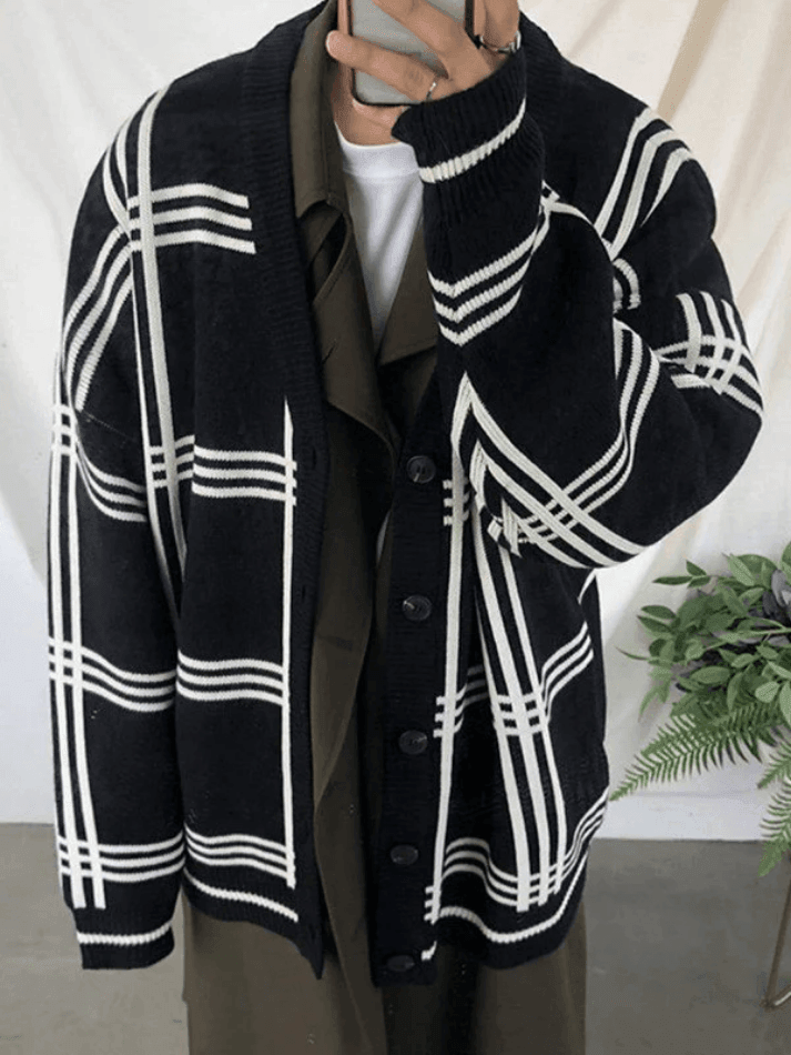 Men’s V Neck Checkered Cardigan Sweaters