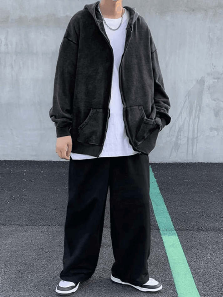 Men’s Vintage Wash Black Zip Up Hoodie Sweatshirts & Hoodies L