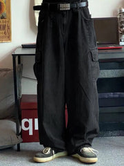 Men’s Cargo Pocket Patched Straight Leg Jeans Black / S loose jeans