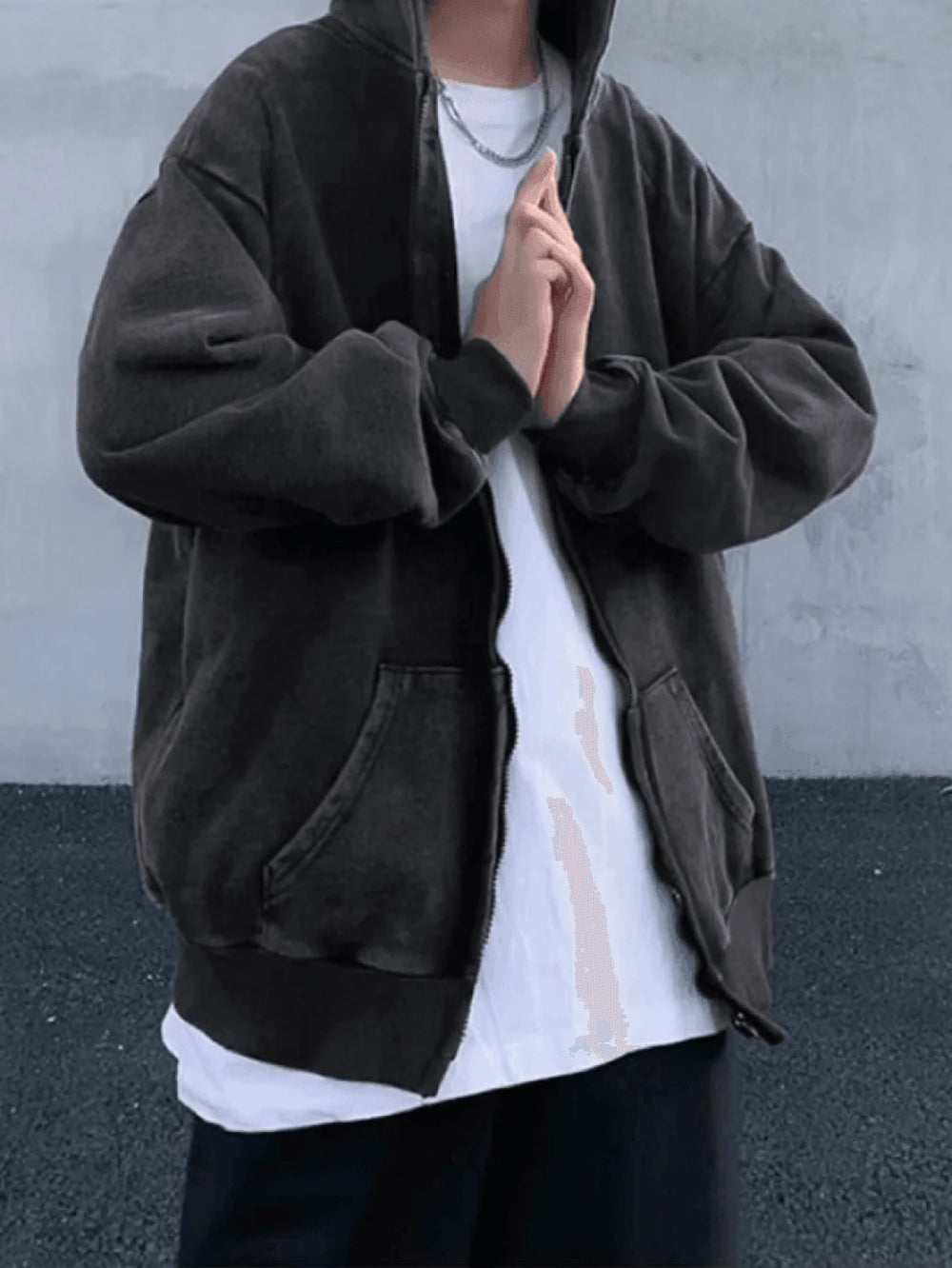 Men’s Vintage Wash Black Zip Up Hoodie Sweatshirts & Hoodies L