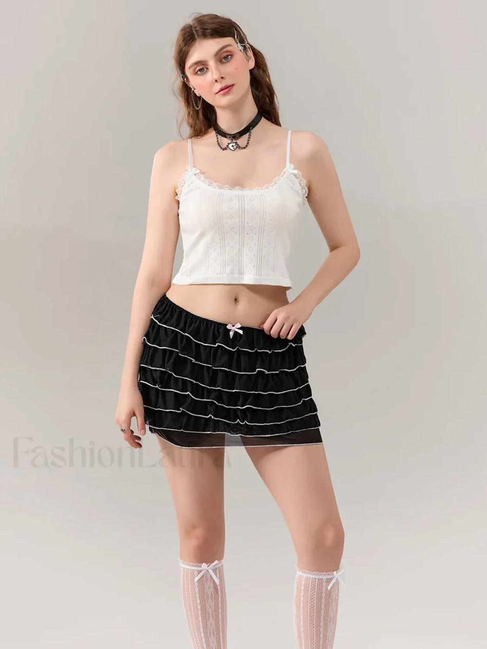 Mesh Bow Layered Mini Skirt BLACK / S