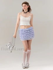 Mesh Bow Layered Mini Skirt BLUE / S
