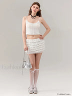 Mesh Bow Layered Mini Skirt WHITE / S