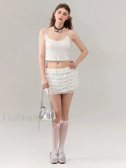 Mesh Bow Layered Mini Skirt WHITE / S