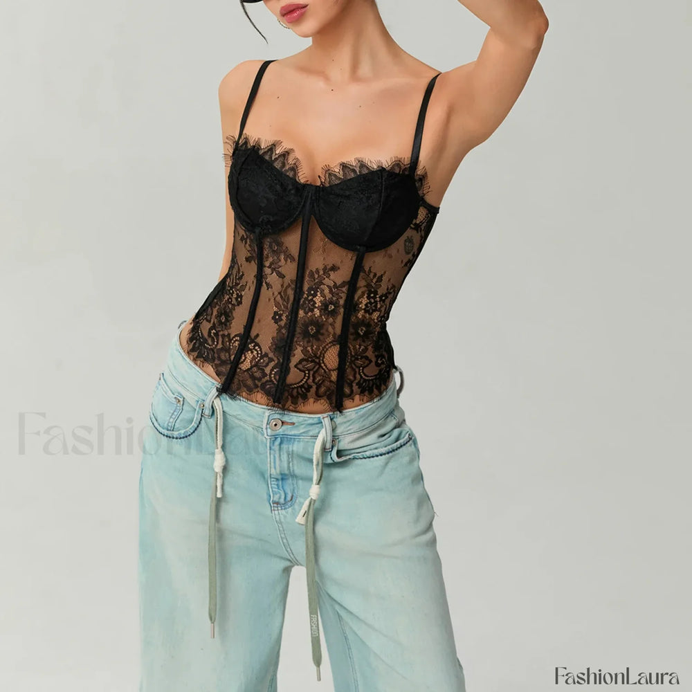 Mesh Bustier Lace Embroidery Corset Spaghetti Strap Crop Top