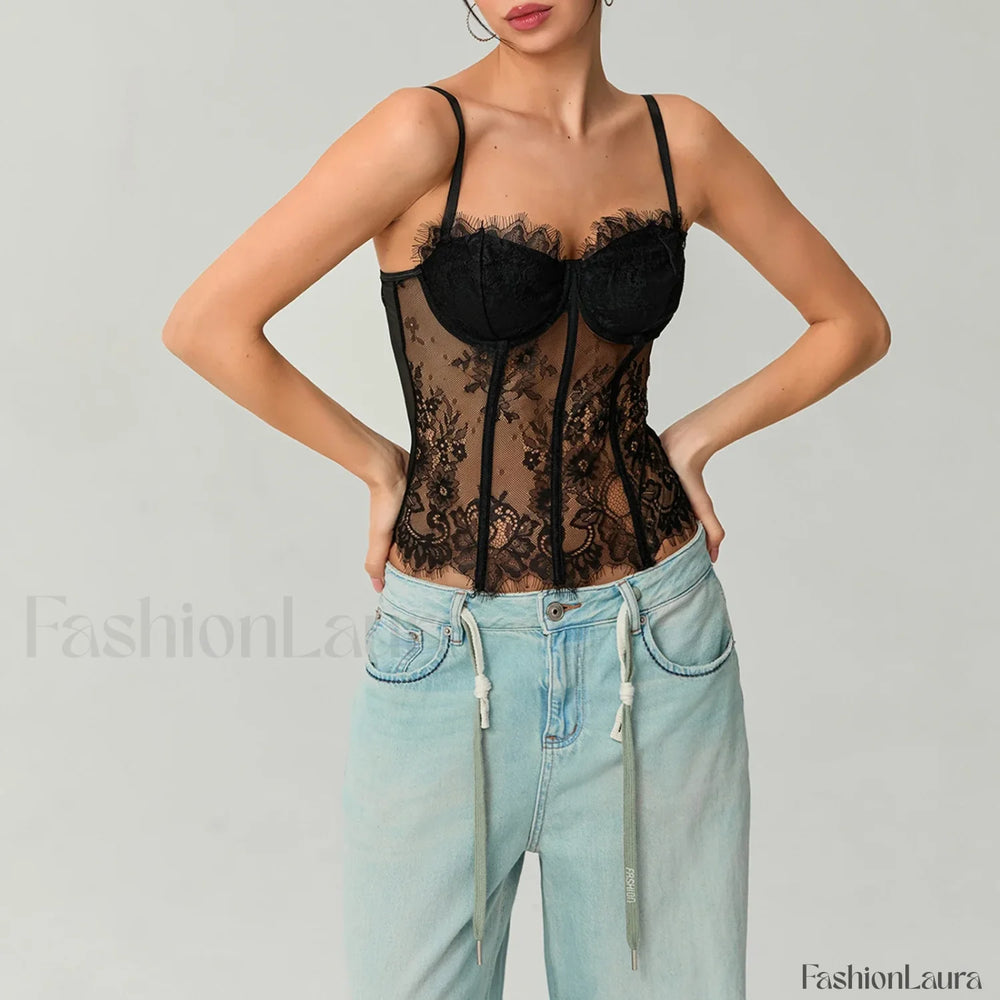 Mesh Bustier Lace Embroidery Corset Spaghetti Strap Crop Top