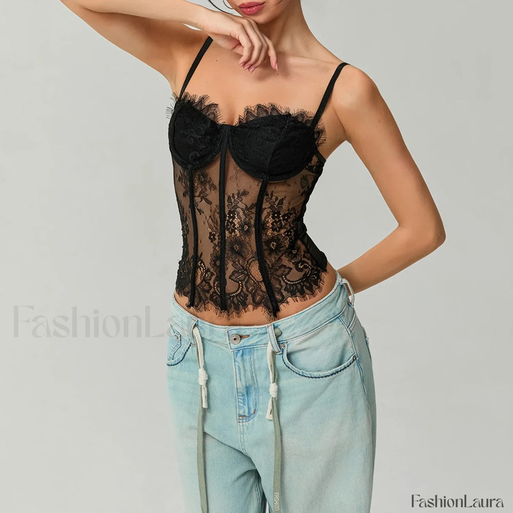 Mesh Bustier Lace Embroidery Corset Spaghetti Strap Crop Top