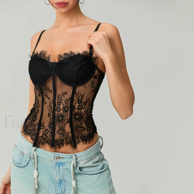Mesh Bustier Lace Embroidery Corset Spaghetti Strap Crop Top black / S Main image