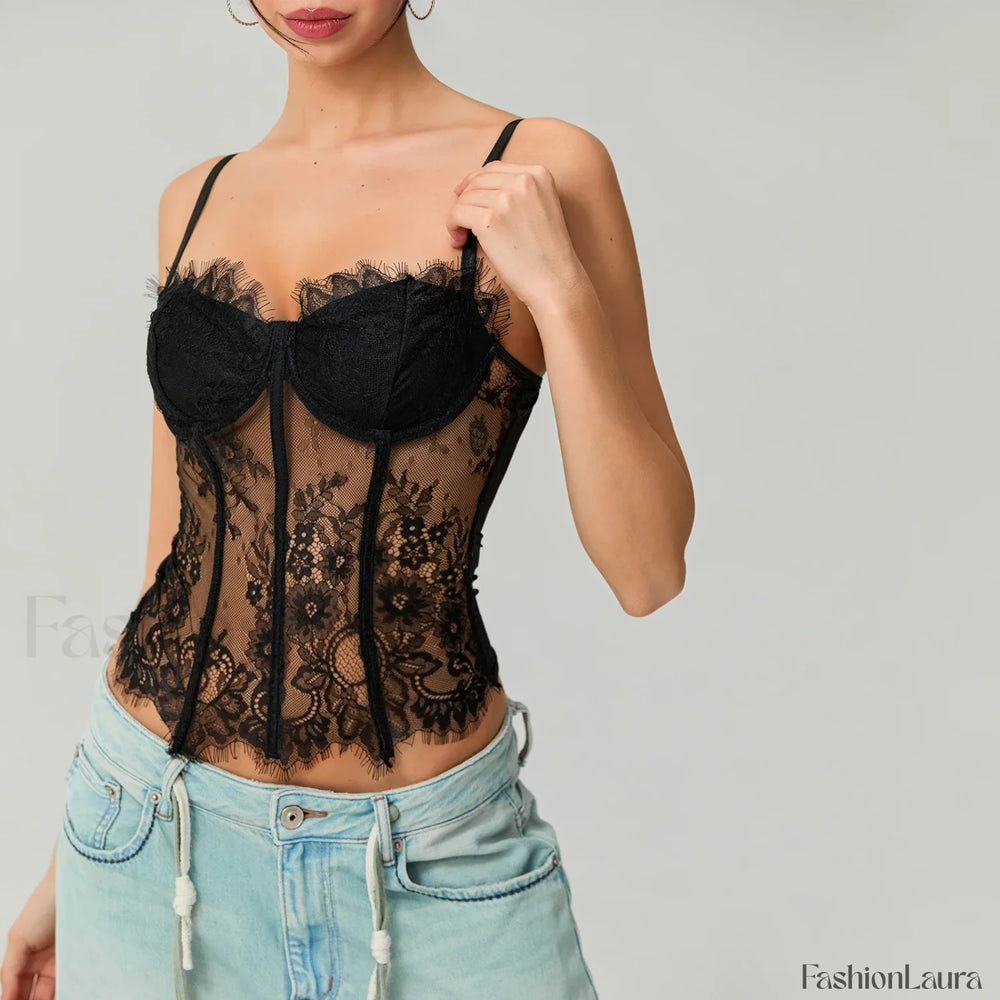 Mesh Bustier Lace Embroidery Corset Spaghetti Strap Crop Top black / S