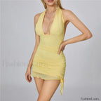 Mesh Deep V Neck Mini Dress
