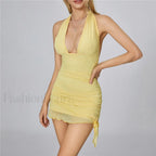 Mesh Deep V Neck Mini Dress