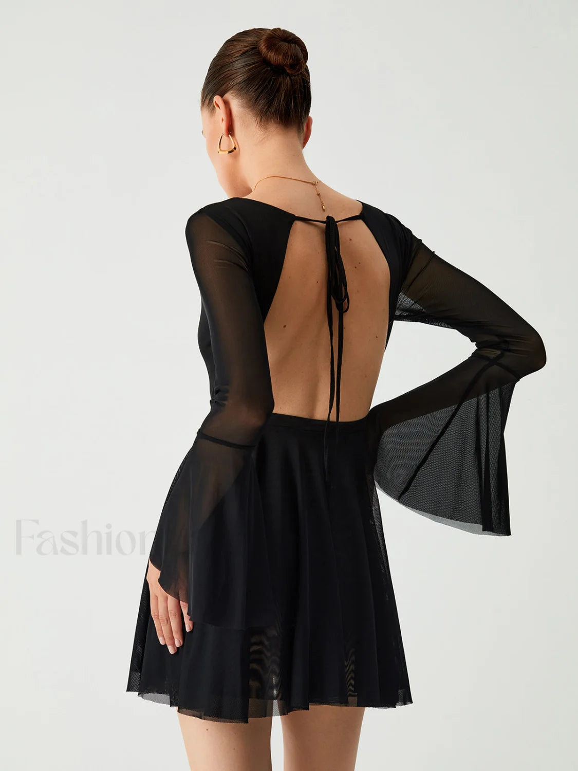 Mesh Flare Sleeve Trendy Open Back Short Dress Black / S Dresses Main image