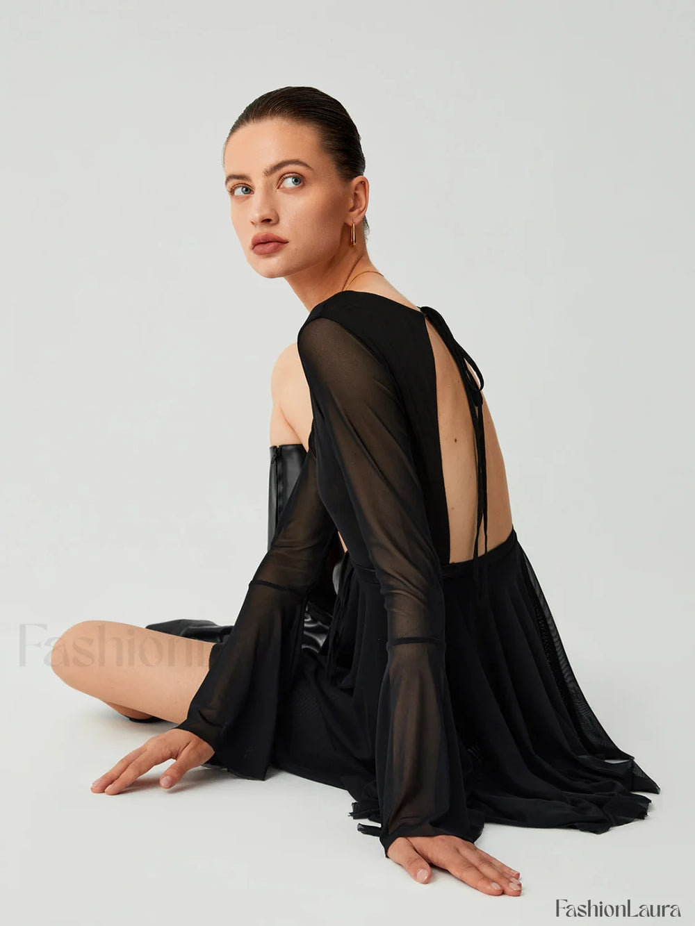 Mesh Flare Sleeve Trendy Open Back Short Dress Dresses