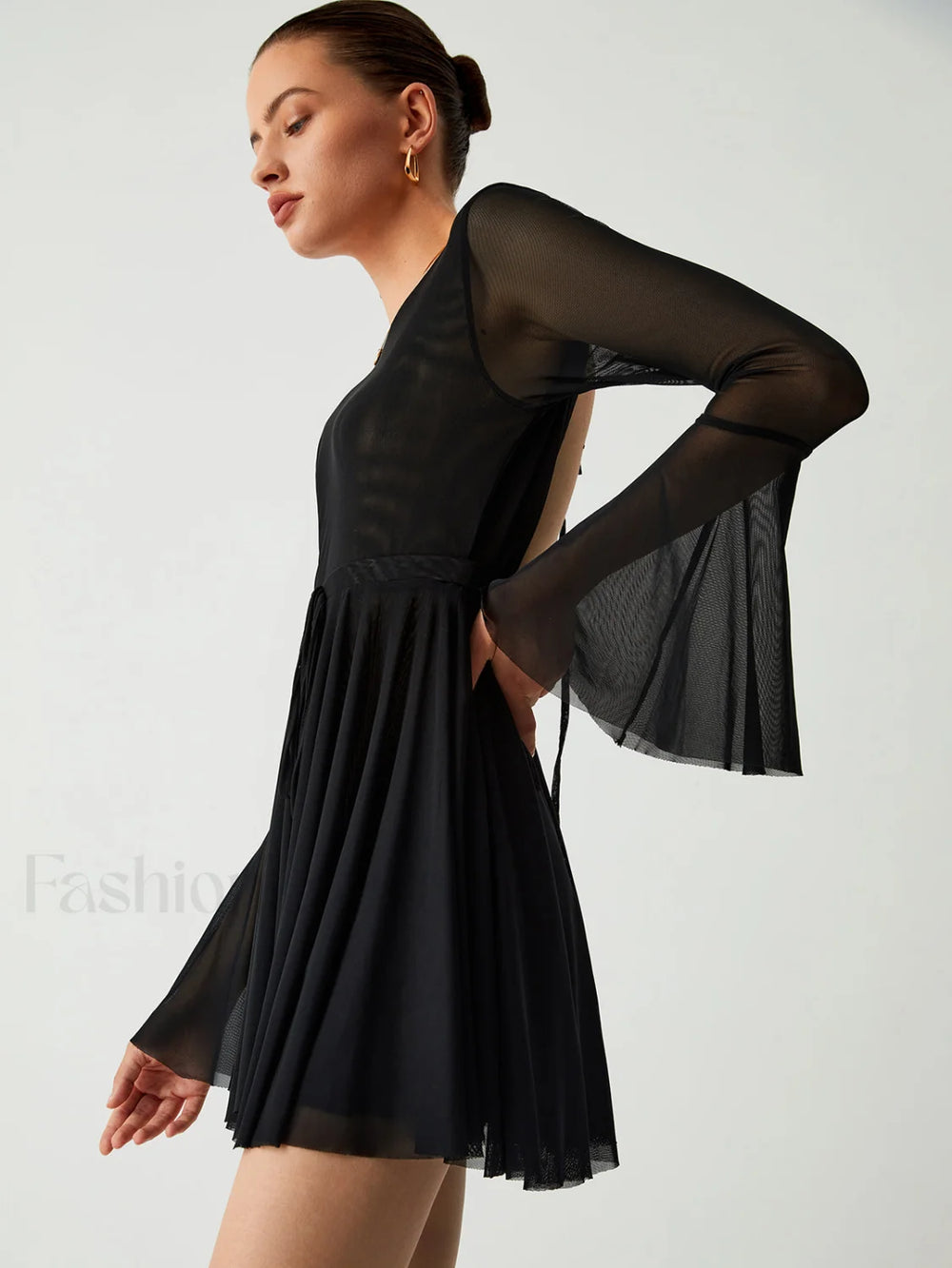 Mesh Flare Sleeve Trendy Open Back Short Dress Dresses