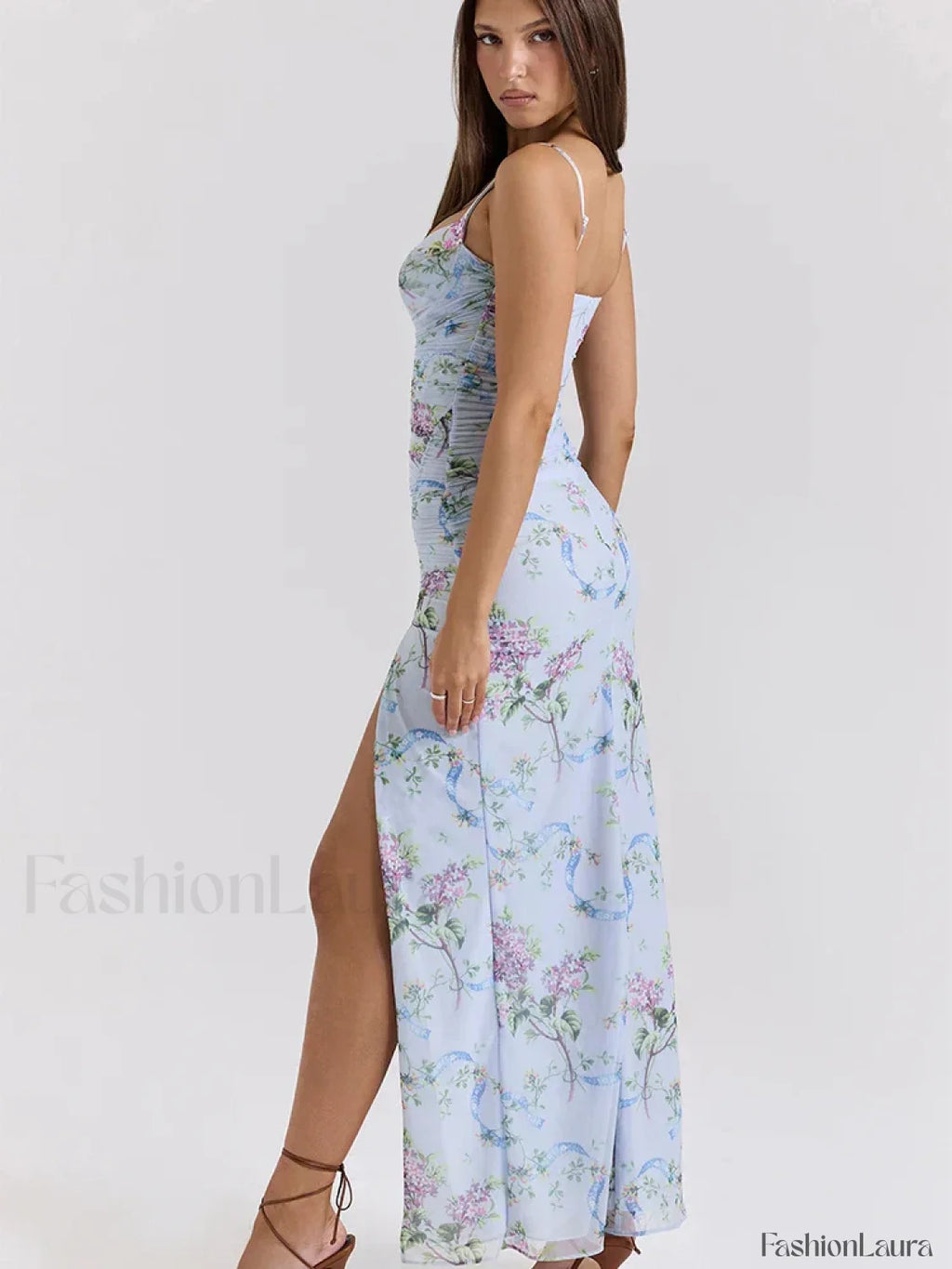 Mesh Floral Slit Bodycon Maxi Dress